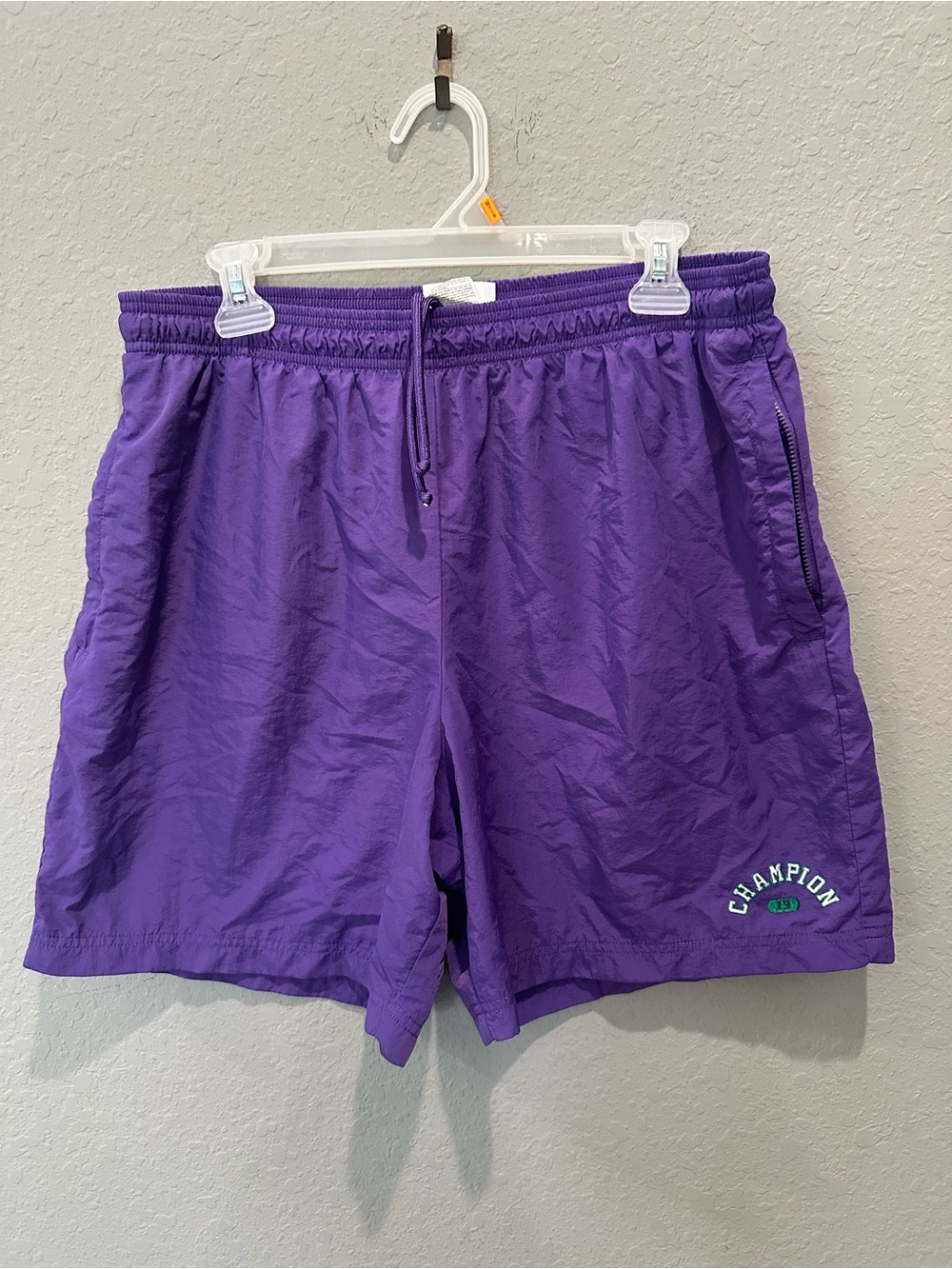 Champion Purple Nylon Shorts, Zipped Pockets, Embroidered Logo Men’s Sz XL